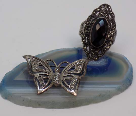 Art Deco Style 925 Marcasite Onyx Ring & Butterfly Brooch 13.8g image number 1