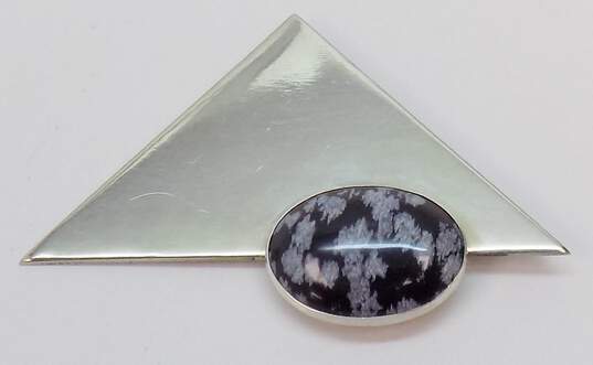 Signed C & Artisan 925 Snowflake Obsidian Cabochon Geometric Triangle Brooch & Chunky Hoop Earrings 28.1g image number 5