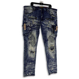 Mens Blue Denim Medium Wash Pockets Distressed Skinny Leg Jeans Size 44x34