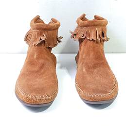 Women's Brown Leather Fringe Zip Stitched Round Toe Ankle Booties Size 8