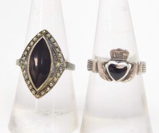 Romantic 925 Garnet & Marcasite Pendant Onyx Bali Beaded Necklace Marquise & Claddagh Rings & Twisted Herringbone Chain Bracelet 28.5g image number 3