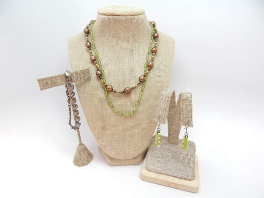 Artisan 925 Brown & Green Pearls & Peridot & Ball Beaded Necklaces Tassels Drop Earrings & Puffed Circles & Squares Linked Bracelet 53g image number 1