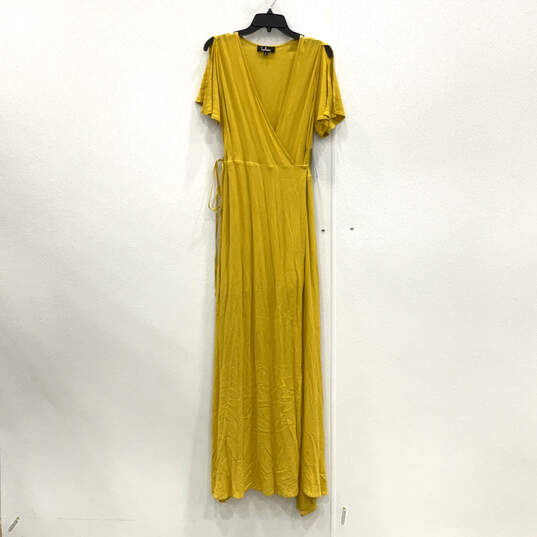 NWT Womens Yellow V-Neck Pleated Short Sleeve Wrap Dress Size Medium image number 1