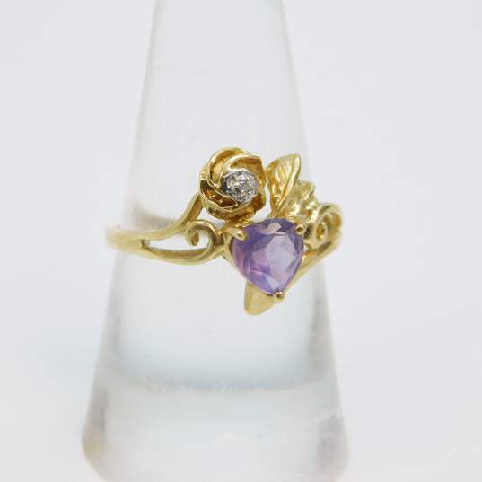 14K Yellow Gold Amethyst & Diamond Accent Ethereal Heart Ring 2.6g image number 2
