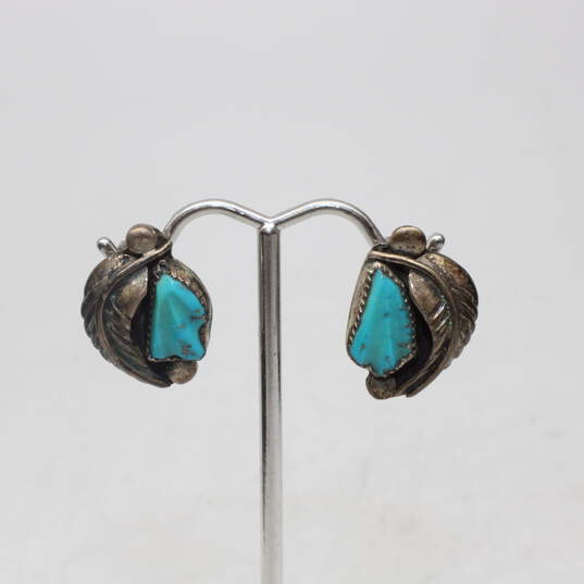 Cochiti Pueblo Artisan Felicita Eustace Signed FE Sterling Silver Turquoise Clip-On Earrings - 6.9g image number 2