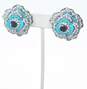 Joan Boyce Gunmetal Tone Teal Enamel Crystal Pave Flower Clip Earrings 37.7g image number 3