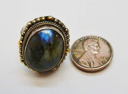 Signed M ID 925 & 18K Gold Accents Labradorite Cabochon Granulated Oval Ring 12.2g image number 4