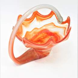 Murano Style Hand Blown Glass Art Red Swirl Basket