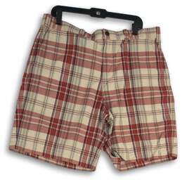 Eddie Bauer Mens Red Tan Plaid Slash Pocket Flat Front Chino Shorts Size 38