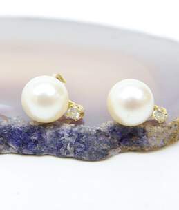 14K Yellow Gold Pearl & White Sapphire Accent Post Earrings 0.9g alternative image