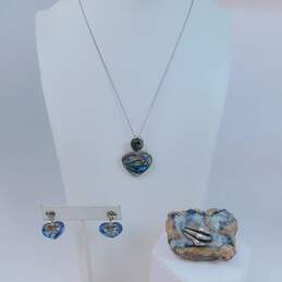 Artisan 925 Abalone Heart Pendant Necklace & Earrings w/ Chunky Ring 21.7g