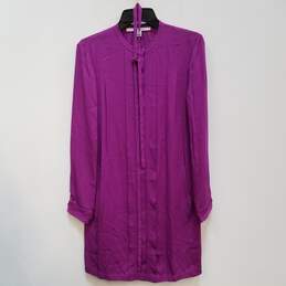 Womens Purple Belted Round Neck Long Sleeve Button Front Shirt Dress Size 6