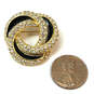 Designer Swarovski Gold-Tone Clear Rhinestone Black Enamel Brooch Pin image number 2