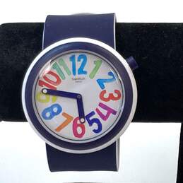 Designer Swatch SR 936SW Blue Strap Round White Analog Dial Quartz Wristwatch