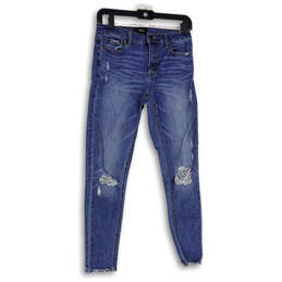 Womens Blue Distressed Denim 5-Pocket Design Straight Leg Jeans Size 26