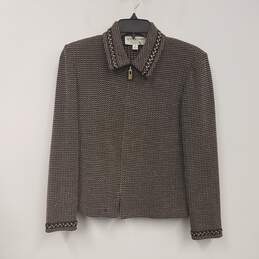 Womens Brown Knitted Long Sleeve Collared Full Zip Suit Jacket Size 6