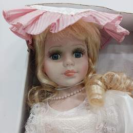 Vintage 15.56" Girl Porcelain Doll in Pink Dress with Stand alternative image