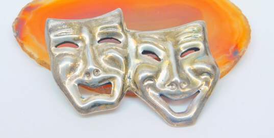 Taxco Mexico & Artisan 925 Happy & Sad Drama Masks Pendant Box Chain Necklace & Matching Puffed Brooch 21g image number 3