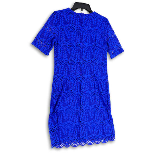 Womens Blue Lace Short Sleeve Round Neck Back Zip Short Shift Dress Size 8P image number 4