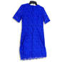 Womens Blue Lace Short Sleeve Round Neck Back Zip Short Shift Dress Size 8P image number 4