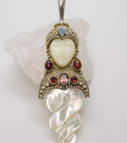 Sajen 925 Goddess Face Opal Tourmaline & Garnet & Carved Mother of Pearl Swirl Granulated Spirals Statement Pendant 24.8g