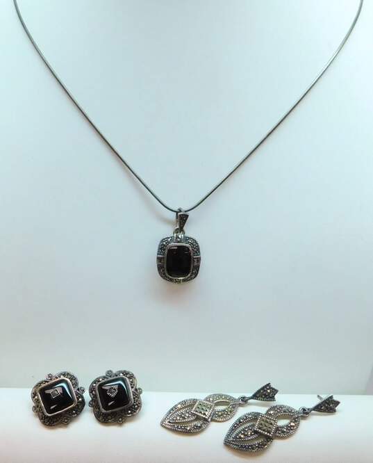 Sterling Silver Marcasite Faux Onyx Inlay Necklace Earrings & Dangle Earrings 22.5g image number 1
