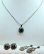 Sterling Silver Marcasite Faux Onyx Inlay Necklace Earrings & Dangle Earrings 22.5g image number 1