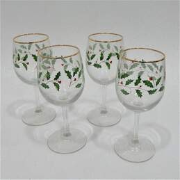Lenox Holiday Goblet Set Of 4 Holly Leaf Berry Print Wine Glasses IOB Gold Rim alternative image