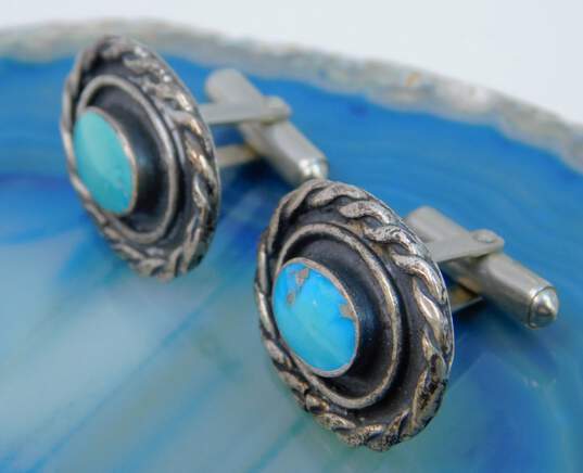 Artisan 925 Southwestern Turquoise Cabochon Rope Oval Cuff Links 12.7g image number 2