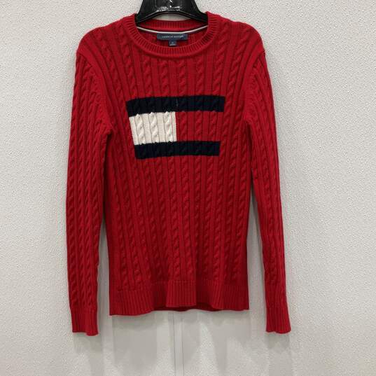 Womens Red Knitted Crew Neck Long Sleeve Pullover Sweater Size Medium image number 1