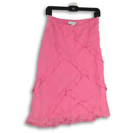 Womens Pink Ruffled Elastic Waist Pull On Stretch Midi A-Line Skirt Size 8