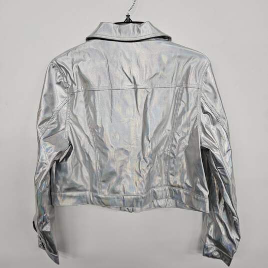 Allegra K Women's Holographic Shiny Biker Button Down Metallic Jacket image number 2