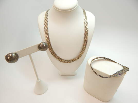 Artisan Sterling Silver Braided Herringbone Chain Necklace Bracelet & Domed Post Earrings 24.9g image number 1