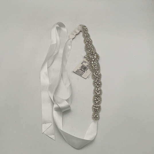 NWT Womens White Clear Rhinestone Bling Ribbon Sash Wedding Dress Belt image number 1