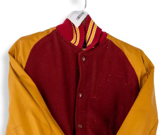 Mens Yellow Red Long Sleeve Collared Pockets Varsity Jacket Size Large image number 3