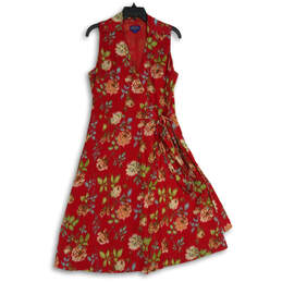Womens Red Floral Collared Surplice Neck Sleeveless Wrap Dress Size 8