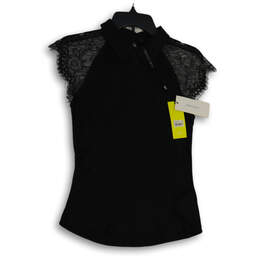NWT Womens Black Collared Lace Cap Sleeve Keyhole Back Blouse Top Size 6