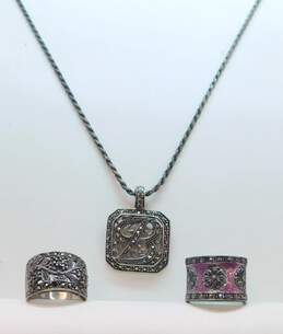 Romantic 925 Sterling Silver Marcasite B Initial Pendant On Rope Chain Necklace & Rings 32.2g