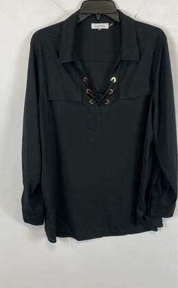 Calvin Klein Womens Black Pockets Long Sleeve Collared Pullover Blouse Top Sz S
