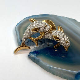 Designer Swarovski Gold-Tone Rhinestones Crystal Dolphin Brooch Pin