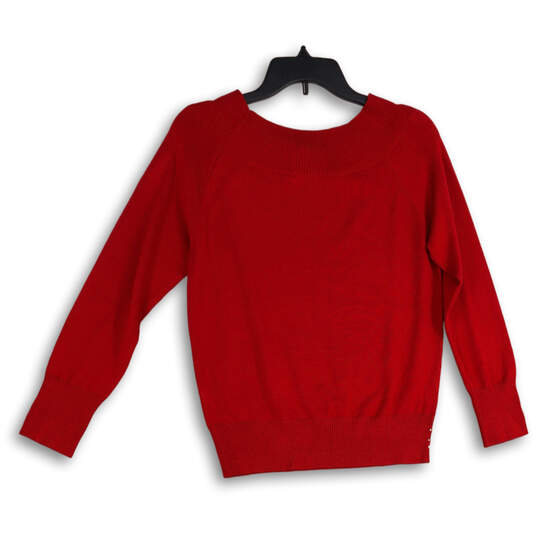 Womens Red Knitted Rhinestone Long Sleeve Round Neck Pullover Sweater Sz L image number 2