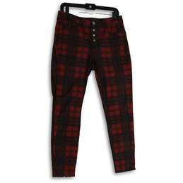 Womens Red Black Plaid Flat Front Button Fly Skinny Leg Ankle Pants Size 8