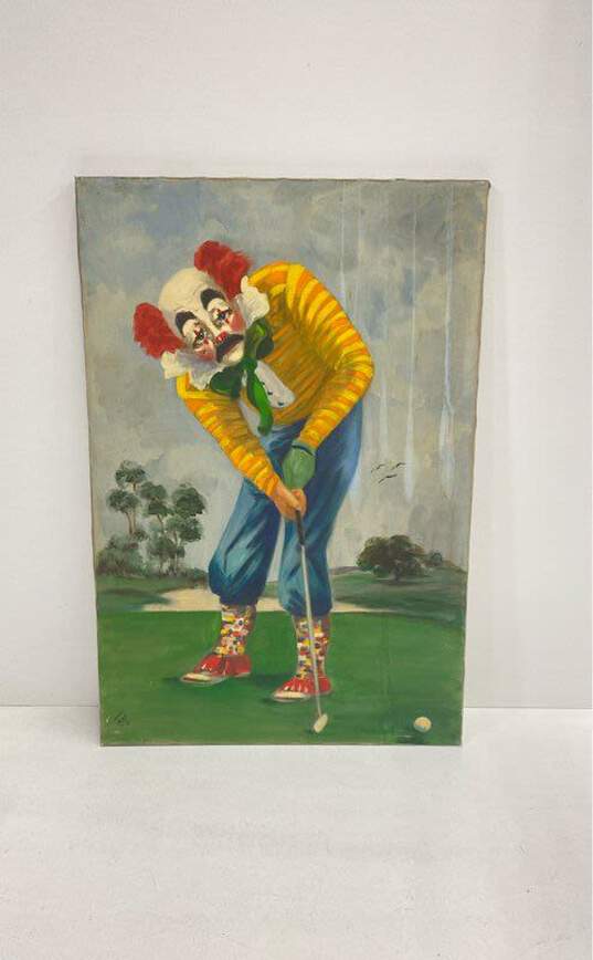 Original Art La Costa Golfing Clown Vintage Oil on Canvas Artwork Signed Jane image number 1