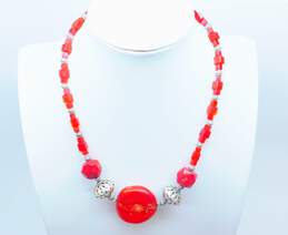 Artisan 925 Sterling Silver Coral & Geometric Crystal Beaded Statement Pendant Necklace 55.2g