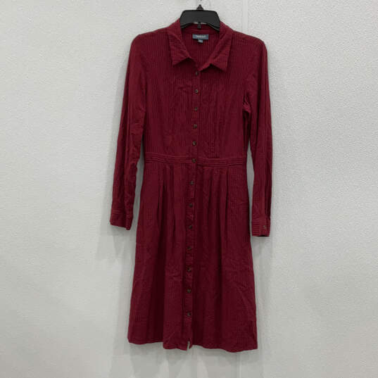 Womens Red Striped Collared Long Sleeve Front Button Shirt Dress Size 6 image number 1