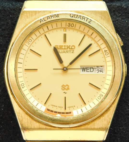 Buy the Seiko Quartz Day Date Gold Tone 7223-6019 Men's Watch |  GoodwillFinds