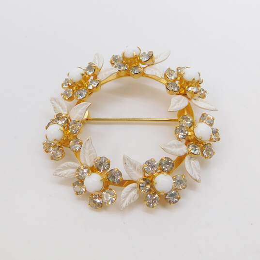 VTG Weiss Goldtone Rhinestone White Glass Enamel Leaf Clip Earrings & Brooch Set image number 2