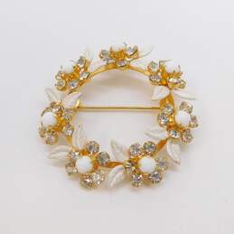 VTG Weiss Goldtone Rhinestone White Glass Enamel Leaf Clip Earrings & Brooch Set alternative image
