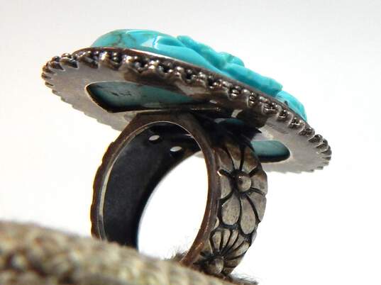 AKR Amy Kahn Russell 925 Turquoise Carved Flowers Granulated Oval Floral Band Statement Ring 16.2g image number 2