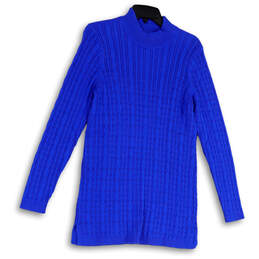 Womens Blue Knitted Mock Neck Long Sleeve Pullover Sweater Size M 10-12